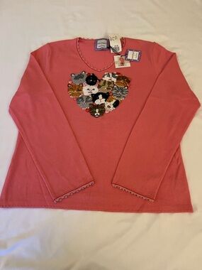 Smitten by Michael Simon Coral Pink Heart of Cat Appliqué Sweater